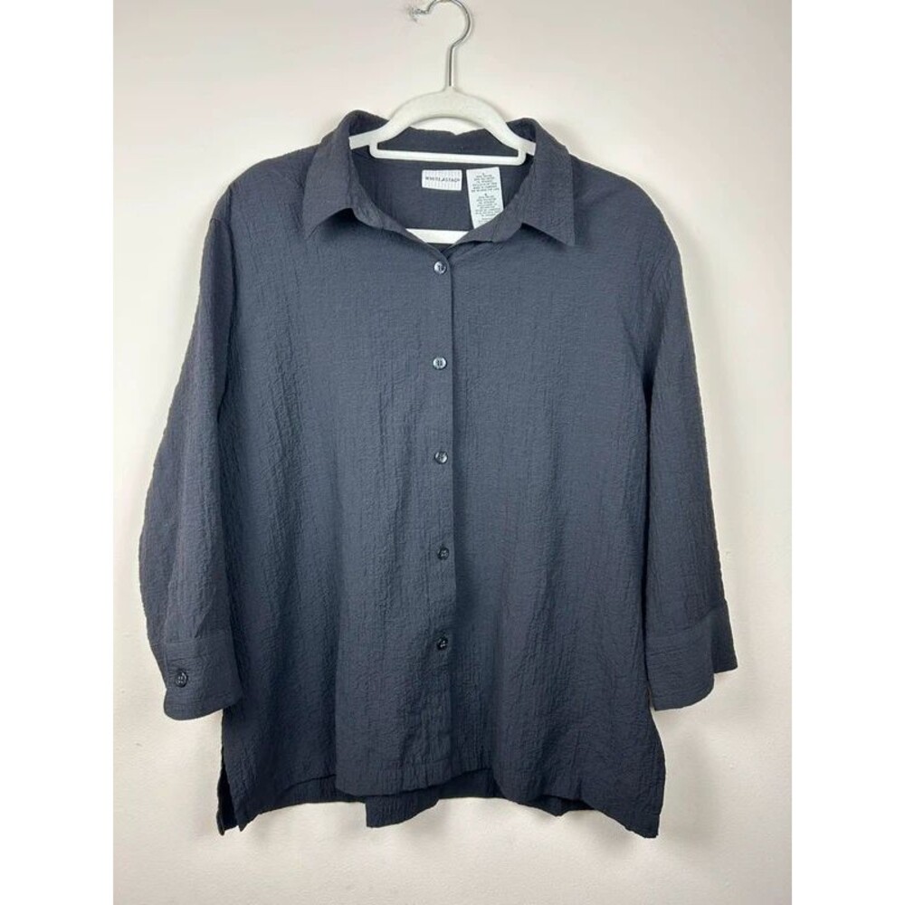 Vintage 90s White Stag L Black Solid Collared Buttoned 3/4 Sleeve Crinkle Blouse